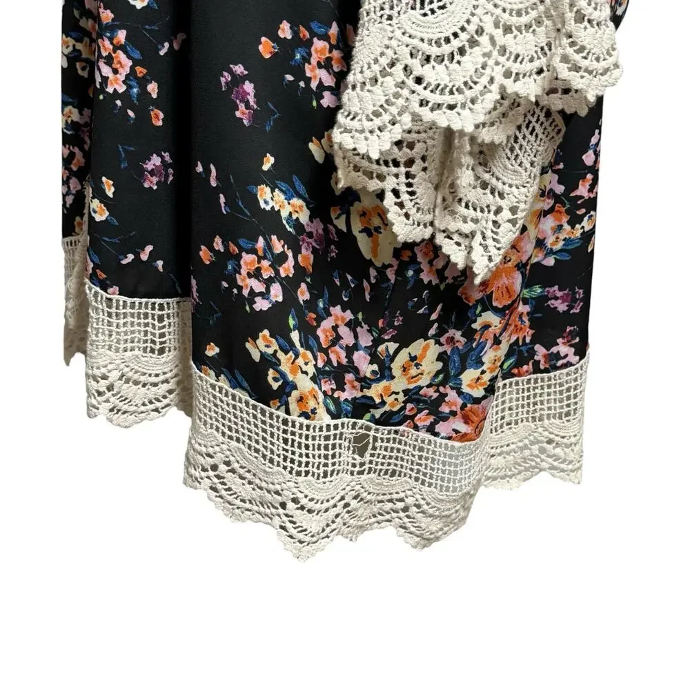 Umgee Open Front Kimono Cardigan Black Multicolor Floral Crochet Lace Med/Lg